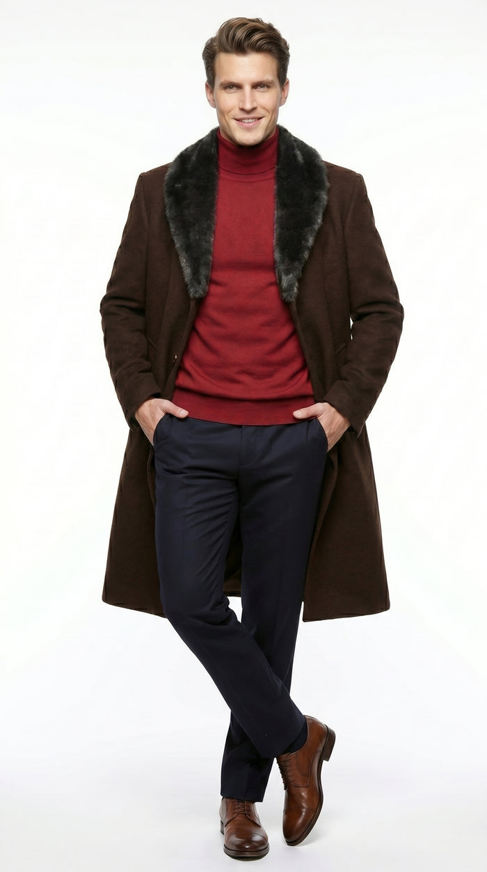 Men’s Brown Big and Tall Long Overcoat with Black Fur Style Collar, Winter Dress Topcoat up to Size 68