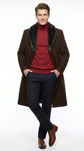 Men’s Brown Big and Tall Long Overcoat with Black Fur Style Collar, Winter Dress Topcoat up to Size 68