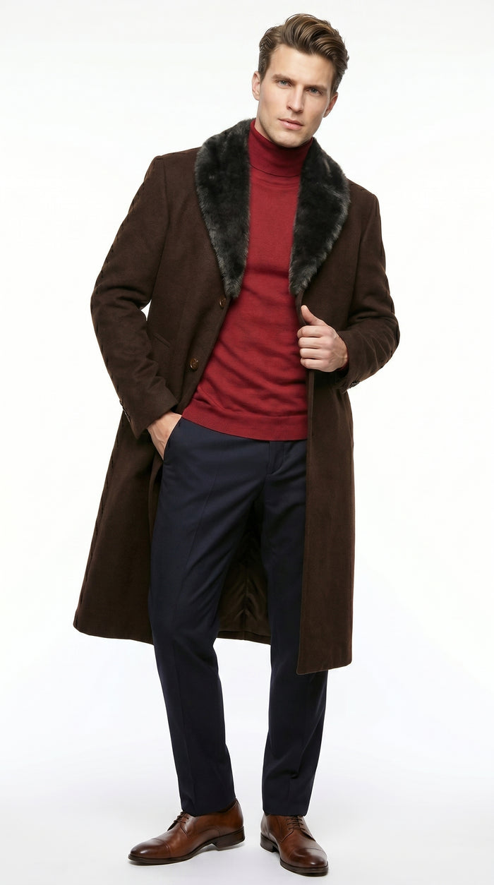 Men’s Brown Big and Tall Long Overcoat with Black Fur Style Collar, Winter Dress Topcoat up to Size 68