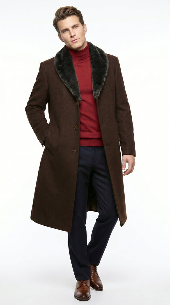 Men’s Brown Big and Tall Long Overcoat with Black Fur Style Collar, Winter Dress Topcoat up to Size 68