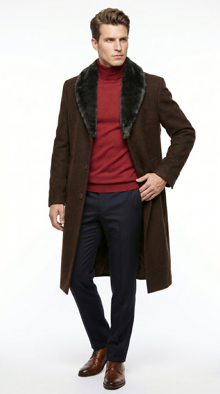 Men’s Brown Big and Tall Long Overcoat with Black Fur Style Collar, Winter Dress Topcoat up to Size 68