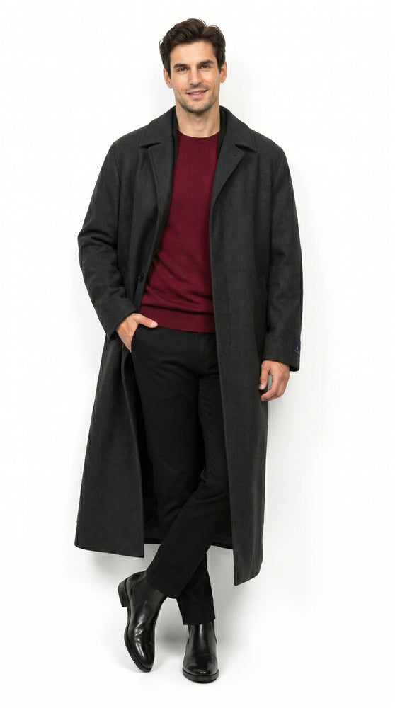 Men’s Charcoal 3 Button Long Wool Blend Dress Coat, Full Length Formal Winter Overcoat
