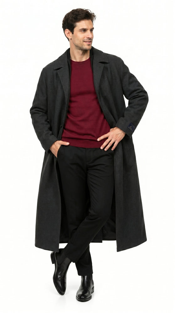Men’s Charcoal 3 Button Long Wool Blend Dress Coat, Full Length Formal Winter Overcoat
