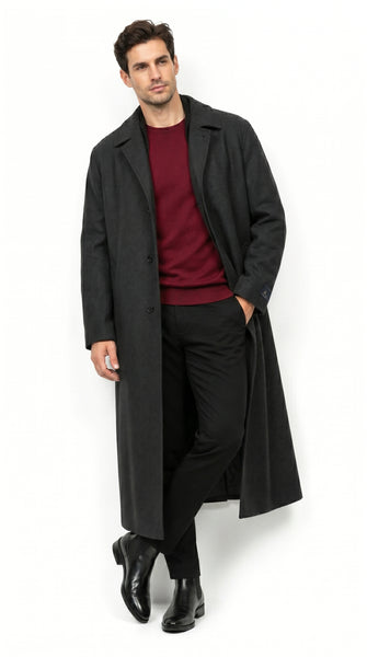 Men’s Charcoal 3 Button Long Wool Blend Dress Coat, Full Length Formal Winter Overcoat