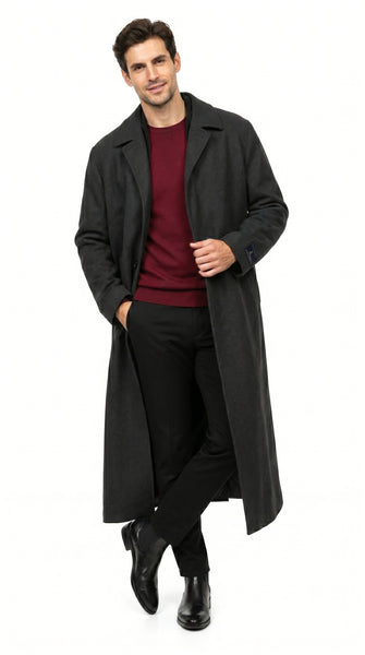 Men’s Charcoal 3 Button Long Wool Blend Dress Coat, Full Length Formal Winter Overcoat
