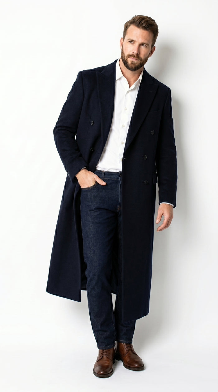 Men’s Black Cashmere Blend Full Length Overcoat, Double Breasted Winter Dress Topcoat