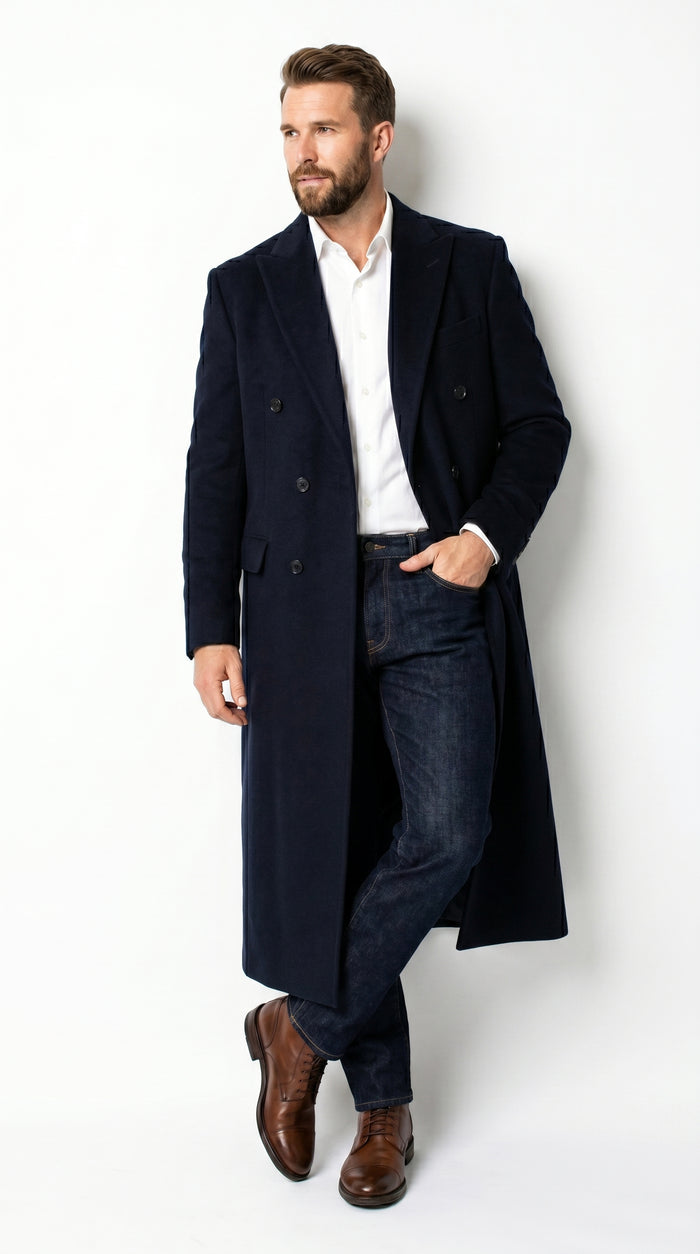 Men’s Black Cashmere Blend Full Length Overcoat, Double Breasted Winter Dress Topcoat