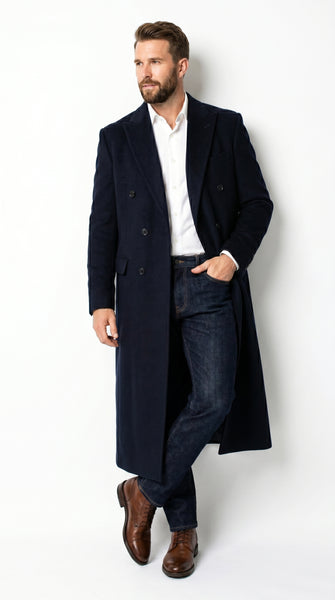 Men’s Black Cashmere Blend Full Length Overcoat, Double Breasted Winter Dress Topcoat