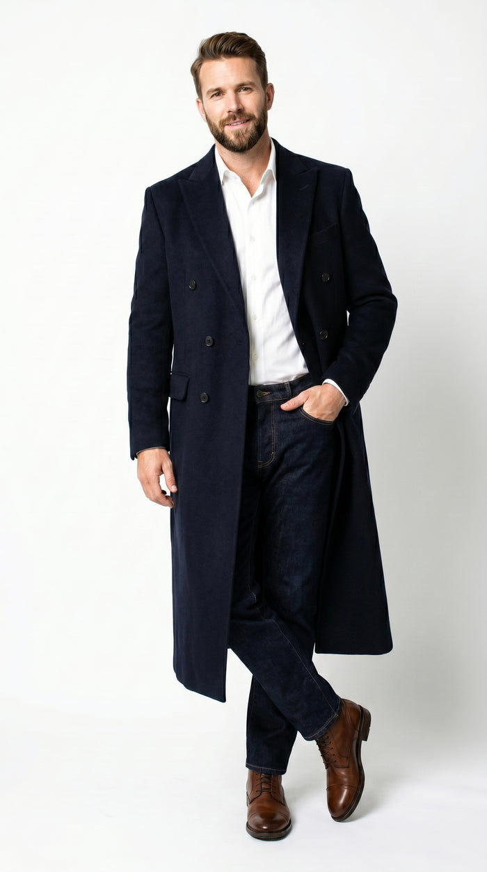 Men’s Black Cashmere Blend Full Length Overcoat, Double Breasted Winter Dress Topcoat
