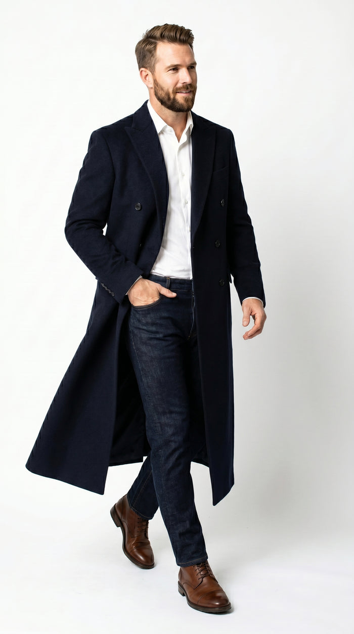 Men’s Black Cashmere Blend Full Length Overcoat, Double Breasted Winter Dress Topcoat