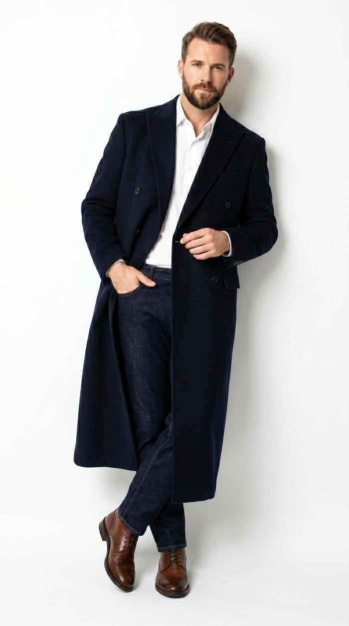 Men’s Black Cashmere Blend Full Length Overcoat, Double Breasted Winter Dress Topcoat