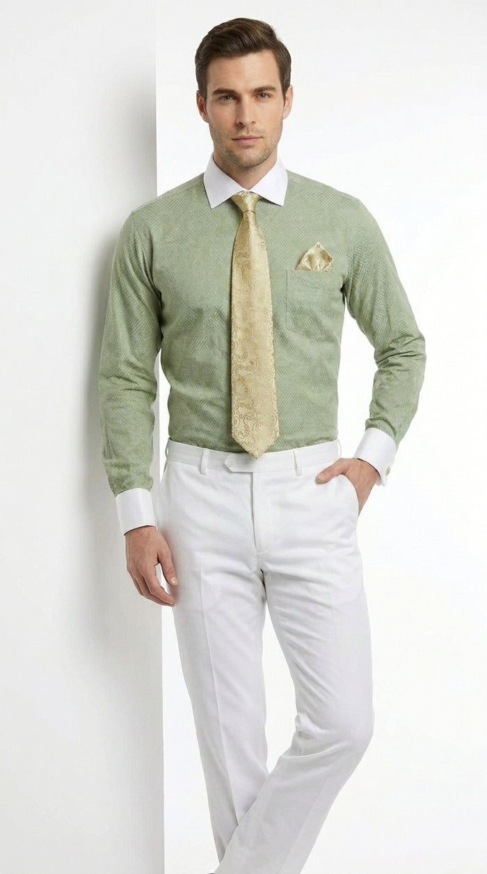 Men’s Apple Green Mini Plaid French Cuff Dress Shirt with Tie and Handkerchief, White Collar Contrast Shirt