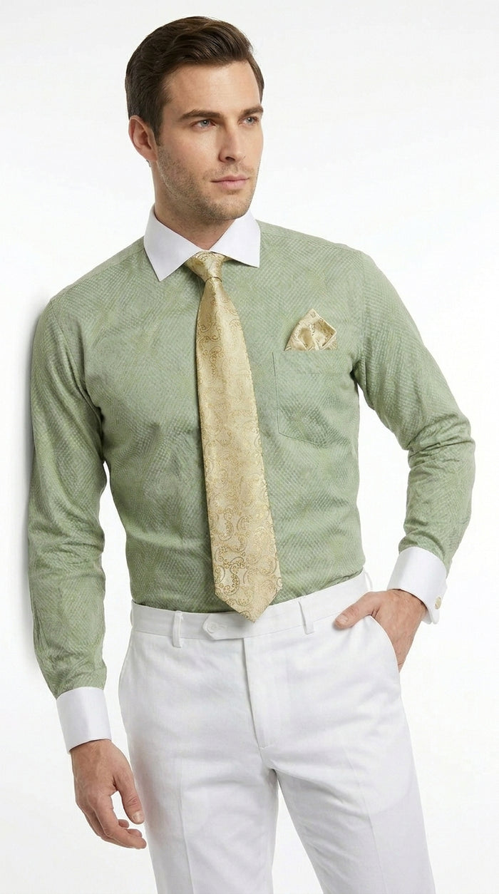 Men’s Apple Green Mini Plaid French Cuff Dress Shirt with Tie and Handkerchief, White Collar Contrast Shirt