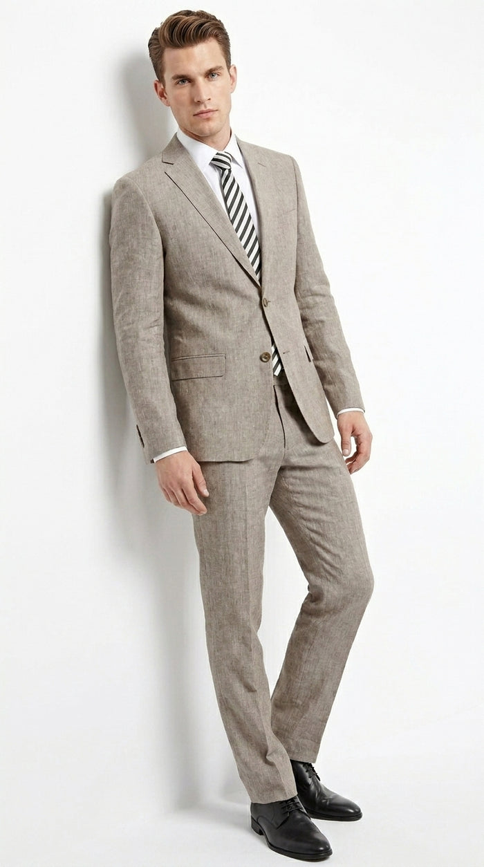 Men’s Dark Tan Taupe 100% Linen Suit with 2 Button Jacket and Flat Front Pants