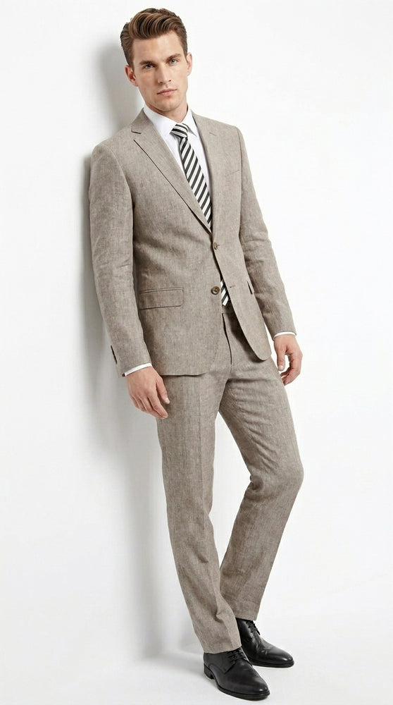 Men’s Dark Tan Taupe 100% Linen Suit with 2 Button Jacket and Flat Front Pants
