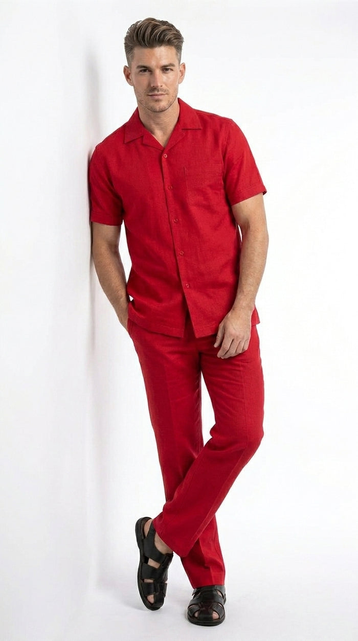Men’s Red 2 Piece Short Sleeve Walking Suit, Casual Shirt and Pants Set
