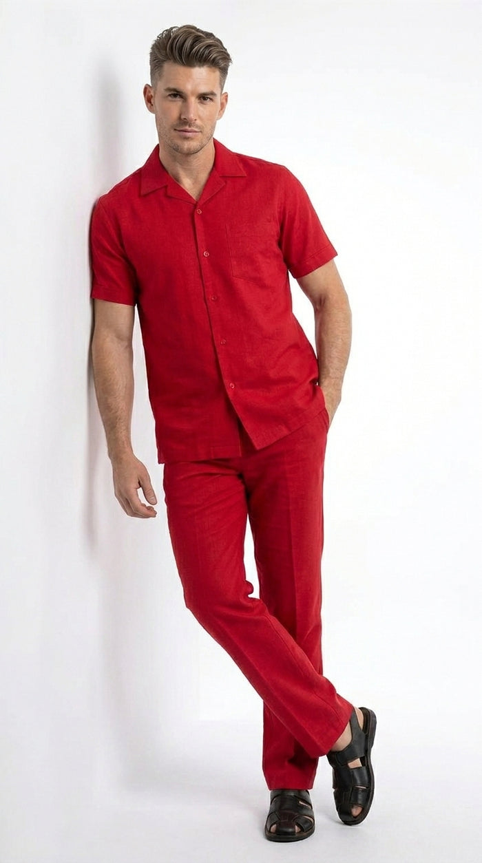 Men’s Red 2 Piece Short Sleeve Walking Suit, Casual Shirt and Pants Set