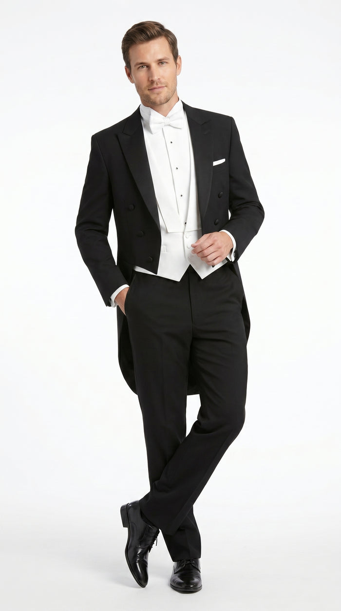 Men’s Black Tailcoat Tuxedo Jacket with Notch Collar, 6 Button Formal Tail Suit