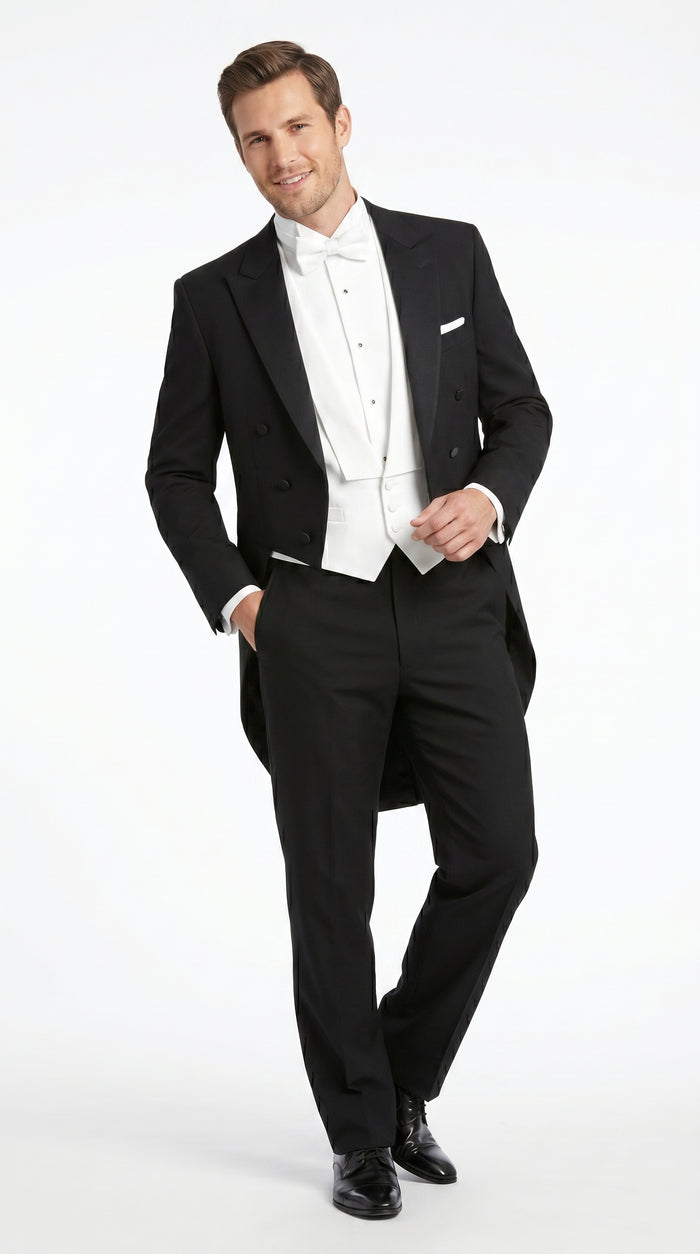 Men’s Black Tailcoat Tuxedo Jacket with Notch Collar, 6 Button Formal Tail Suit
