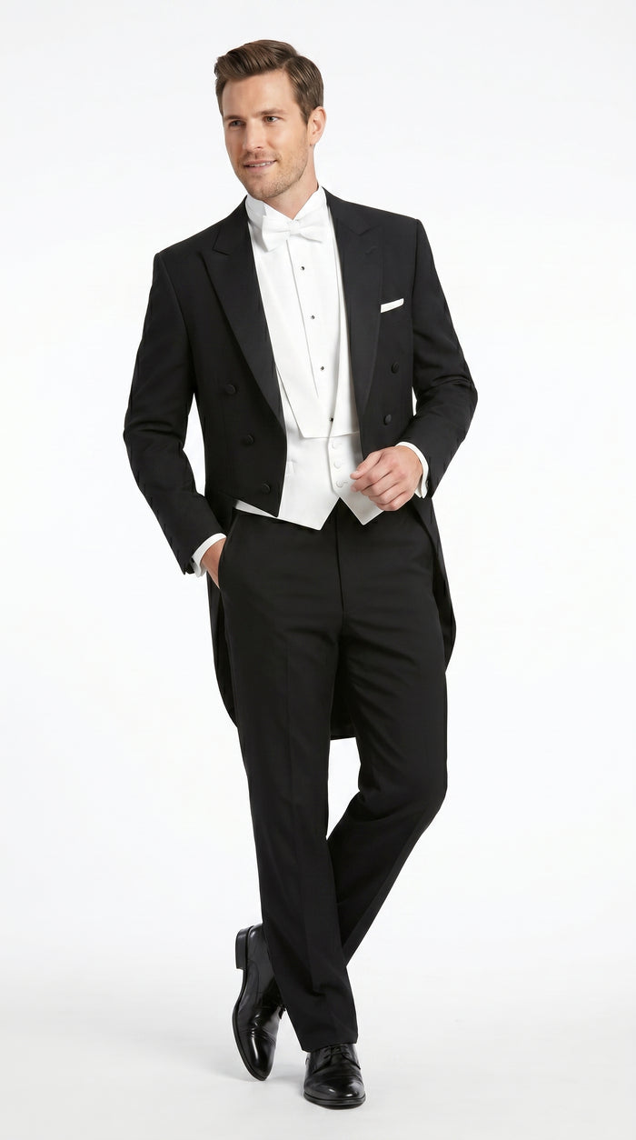 Men’s Black Tailcoat Tuxedo Jacket with Notch Collar, 6 Button Formal Tail Suit