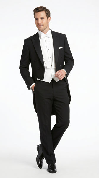 Men’s Black Tailcoat Tuxedo Jacket with Notch Collar, 6 Button Formal Tail Suit