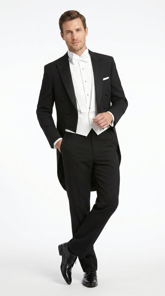 Men’s Black Tailcoat Tuxedo Jacket with Notch Collar, 6 Button Formal Tail Suit