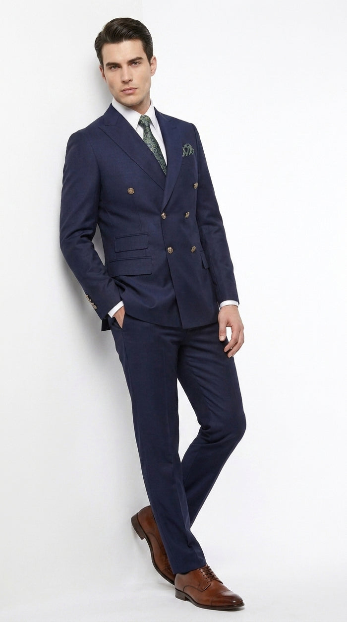 Men’s Navy Blue Double Breasted Suit, Slim Fitted Cut Formal Business Wedding Suit with Flat Front Pants