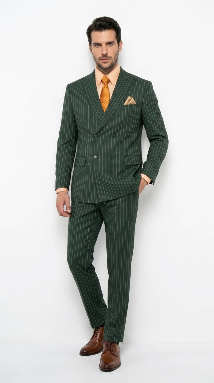 Rockefeller Collection Men’s Hunter Green Double Breasted Pinstripe Suit, Regular Fit 2 Piece Formal Business Suit Set