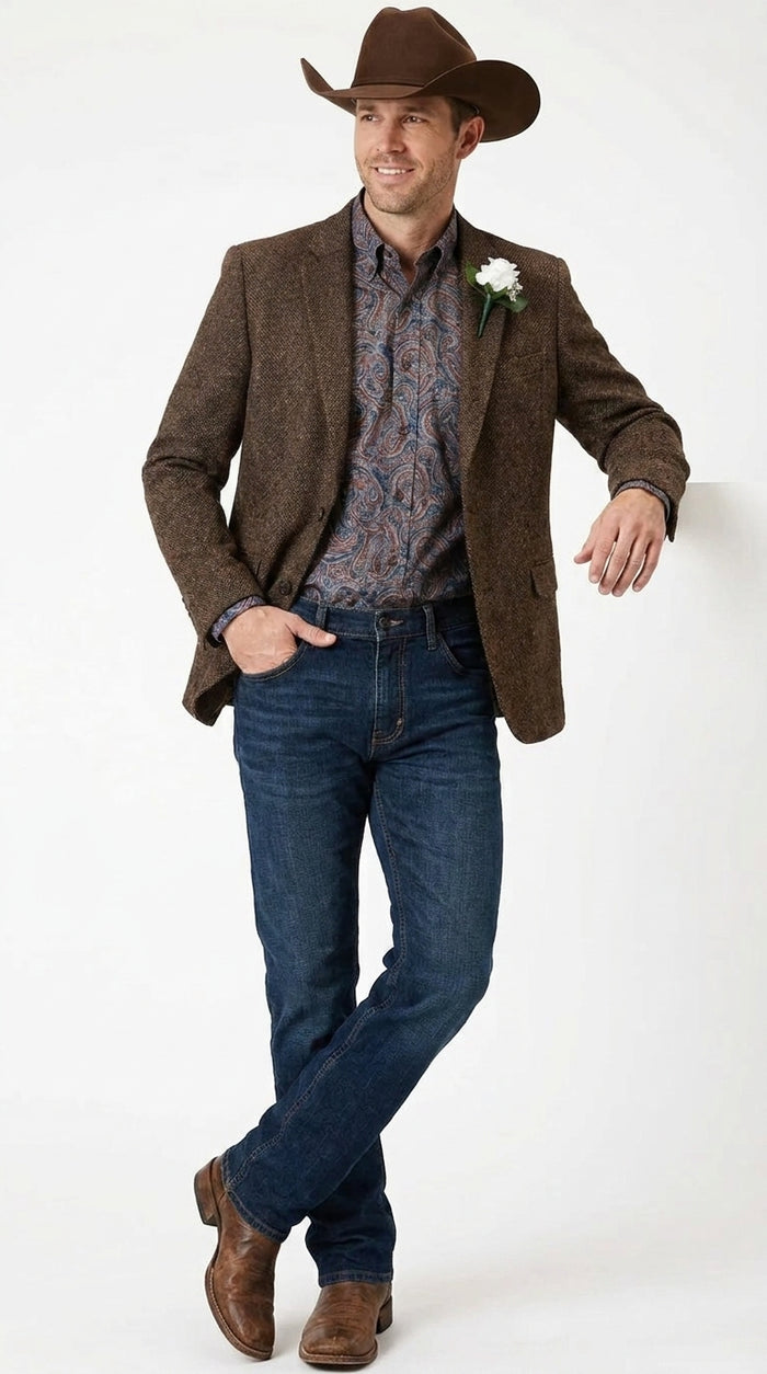 Men’s Brown Western Tweed Herringbone Blazer Jacket – Classic Cowboy Style Sport Coat for Wedding Party