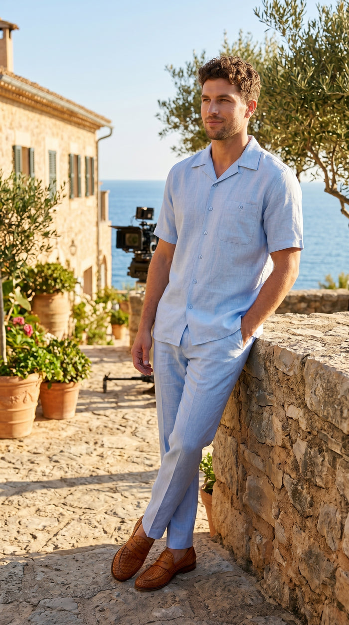 Men’s Light Blue Linen Walking Suit with Short Sleeve Shirt and Matching Pants, Summer Casual Outfit