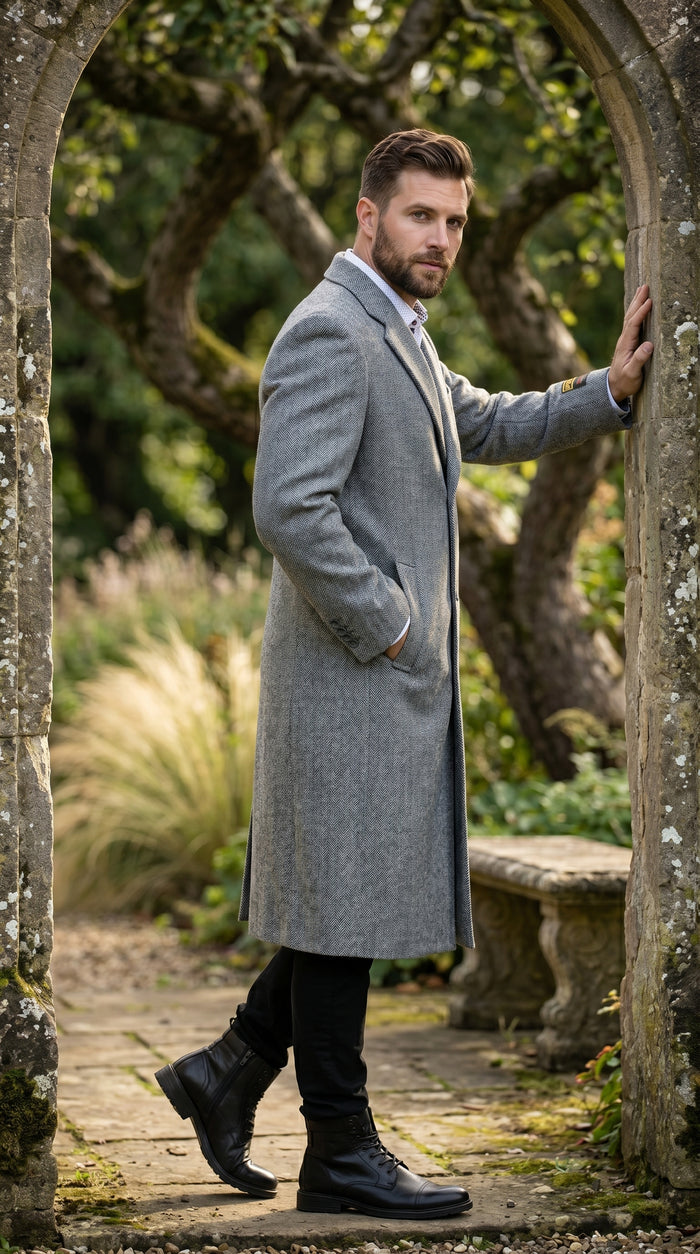 Men’s Light Grey Big and Tall Long Overcoat, Winter Dress Topcoat in 4XL 5XL 6XL