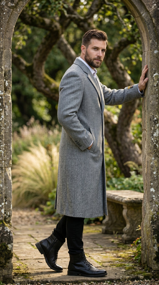 Men’s Light Grey Big and Tall Long Overcoat, Winter Dress Topcoat in 4XL 5XL 6XL