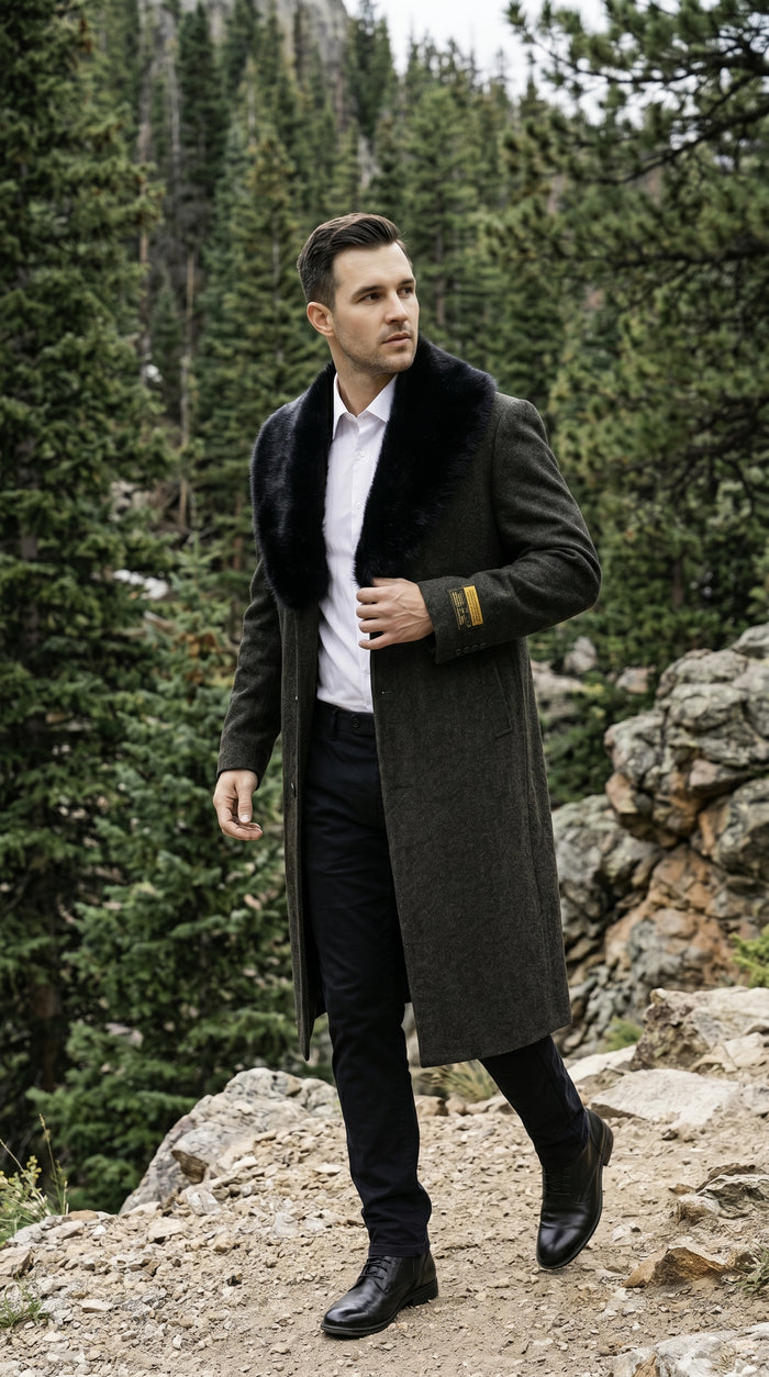 Men’s Brown Big and Tall Long Overcoat with Fur Style Collar, Winter Dress Topcoat in 4XL 5XL 6XL