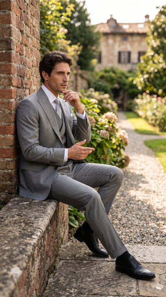 Men’s Light Grey Classic Fit Suit with Double Breasted Vest and Pleated Pants, Formal Dress Suit
