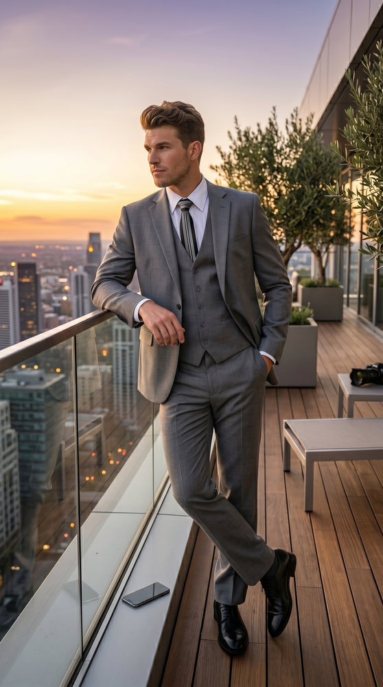 Men’s Gray 3 Piece Vested Suit with 2 Button Jacket and Peak Lapel, Formal Wedding Business Suit