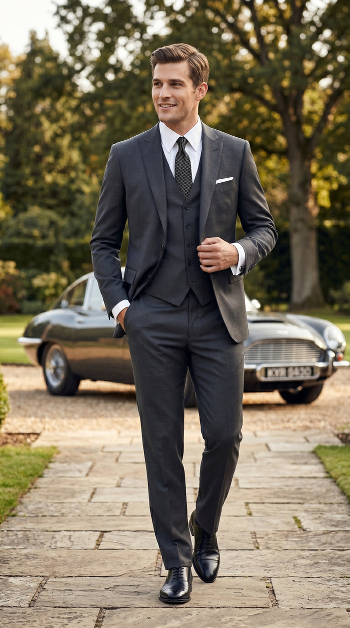 Men’s Dark Grey 3 Piece Vested Suit with 2 Button Jacket and Peak Lapel, Formal Wedding Business Suit