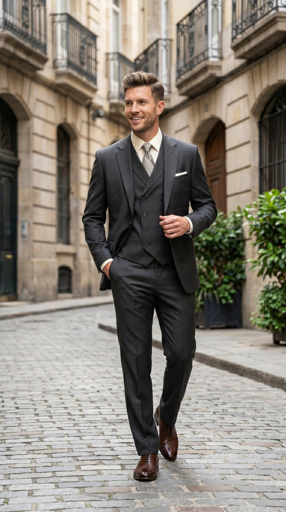 Men’s Urban Gray 3 Piece Suit with Double Breasted Vest and Pleated Pants, Formal Dress Suit