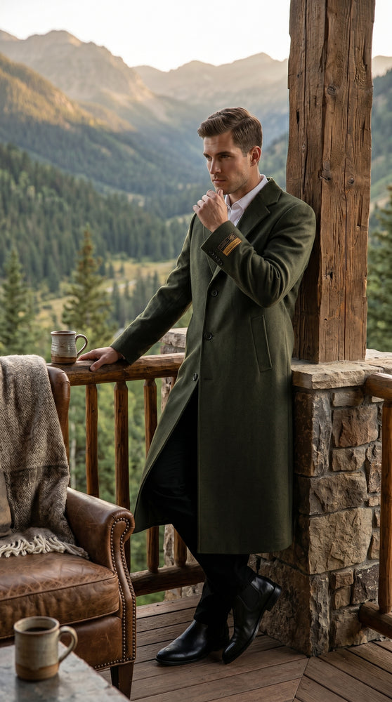 Men’s Olive Green Full Length Wool Blend Topcoat, Long Dress Overcoat for Winter Formal Wear