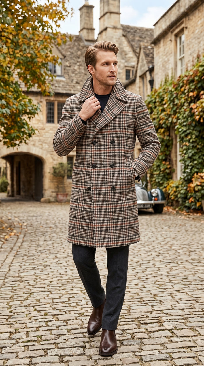 Men’s Cream Black and Red Plaid Wool Blend Peacoat, Checkered Double Breasted Winter Coat
