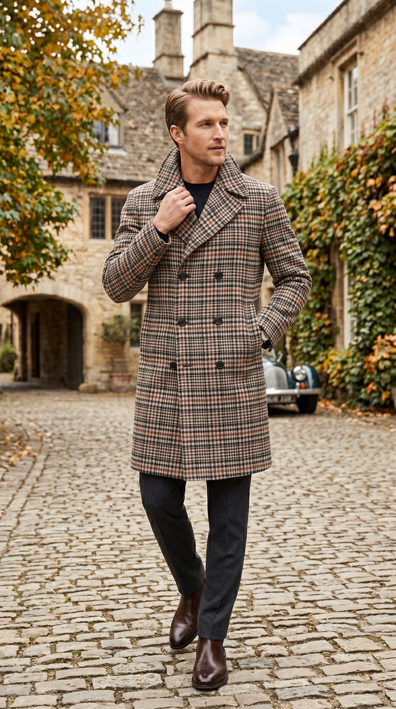 Men’s Cream Black and Red Plaid Wool Blend Peacoat, Checkered Double Breasted Winter Coat