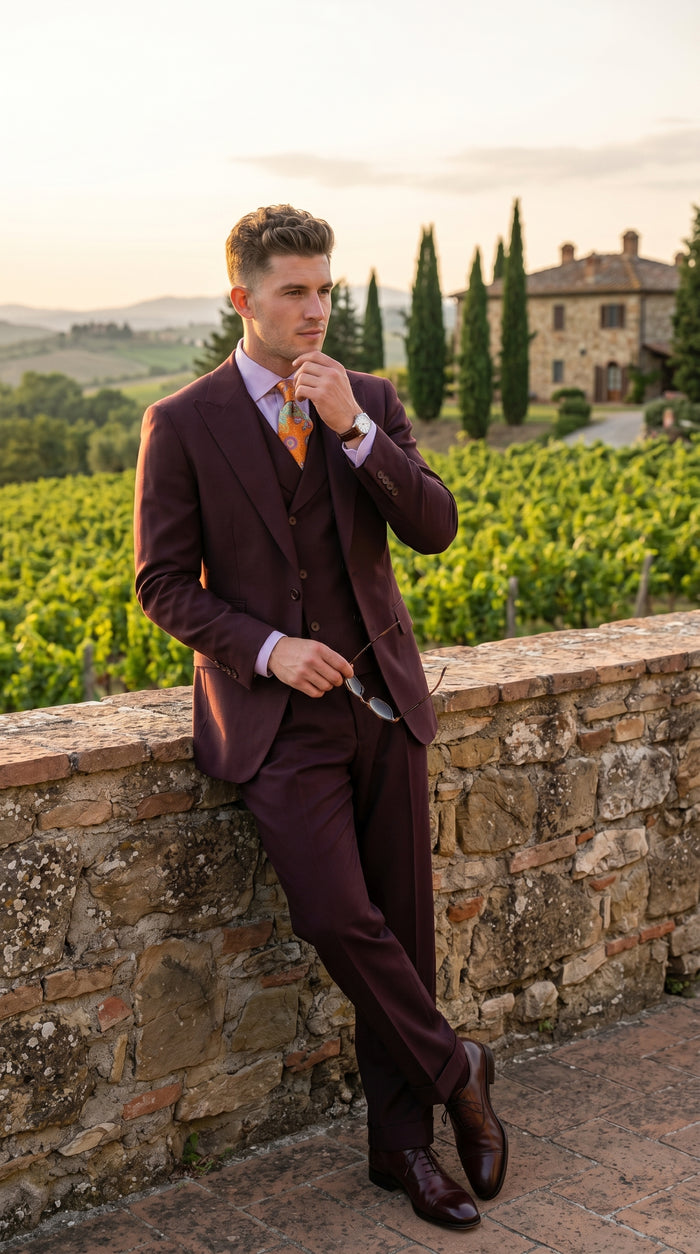 Men’s Burgundy Maroon 3 Piece Suit with Double Breasted Vest and Pleated Pants