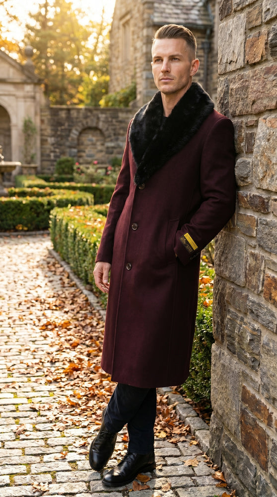 Men’s Burgundy Big and Tall Long Overcoat with Black Fur Style Collar, Winter Dress Topcoat up to Size 68