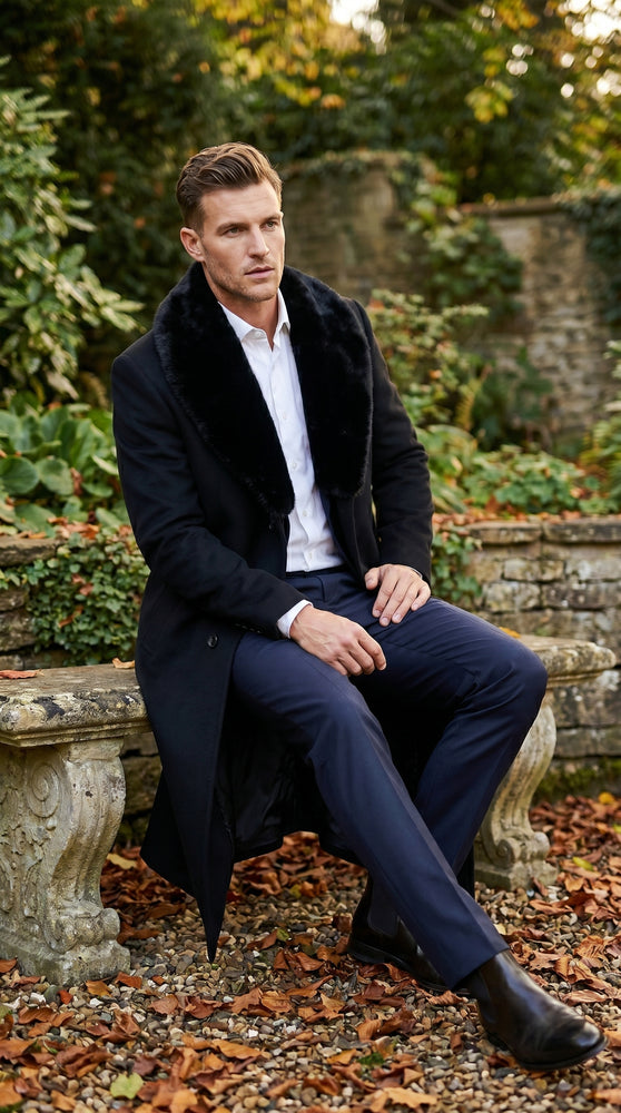 Men’s Black Cashmere Blend Full Length Overcoat with Fur Style Collar, Winter Dress Coat