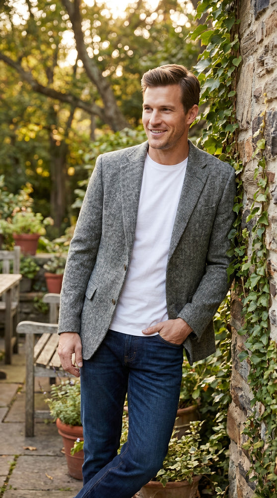 Men’s Grey Harris Tweed Herringbone Sport Coat, Classic Dress Casual Blazer Jacket