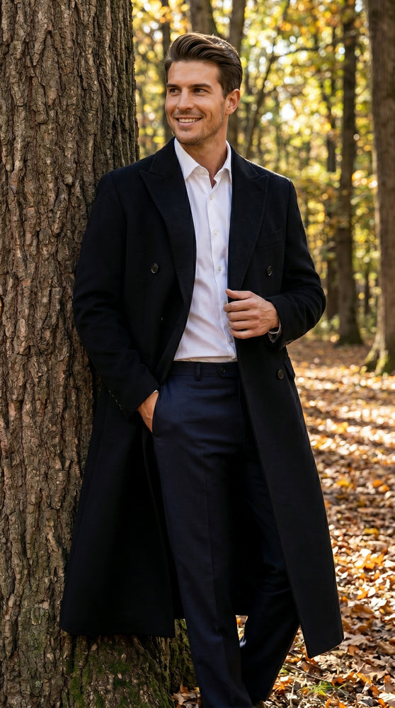 Men’s Black Cashmere Blend Full Length Overcoat, Double Breasted Winter Dress Coat