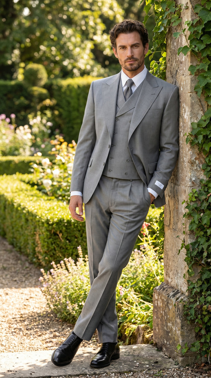 Men’s Grey 1920s Style 3 Piece Suit with Double Breasted Slanted Vest, Peak Lapel & Pleated Wide Leg Pants