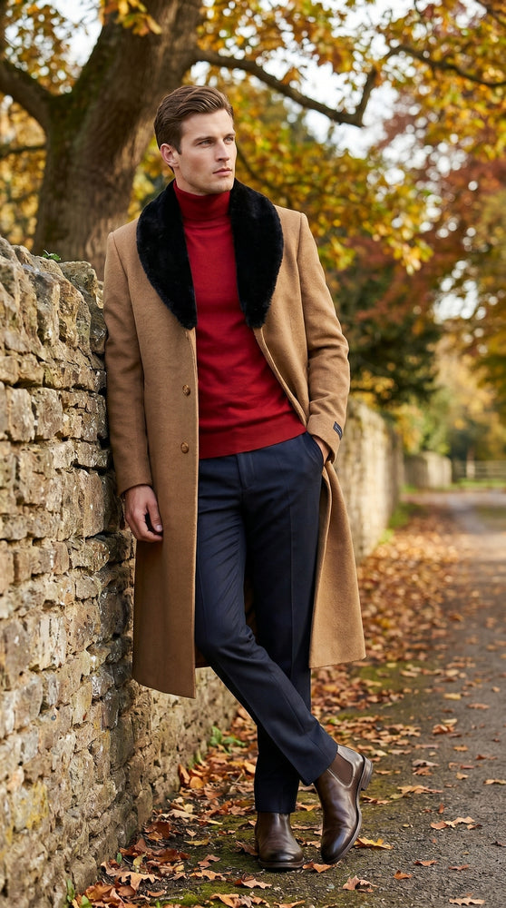 Men’s Camel Big and Tall Long Overcoat with Black Fur Style Collar, Winter Dress Topcoat up to Size 68
