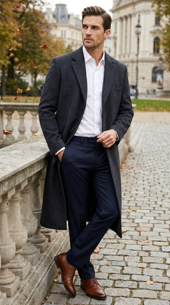 Men’s Black Cashmere Blend Full Length Overcoat, Classic Winter Dress Topcoat
