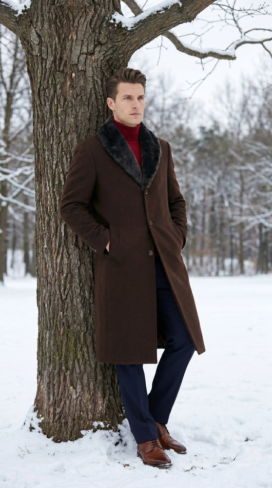 Men’s Brown Big and Tall Long Overcoat with Black Fur Style Collar, Winter Dress Topcoat up to Size 68