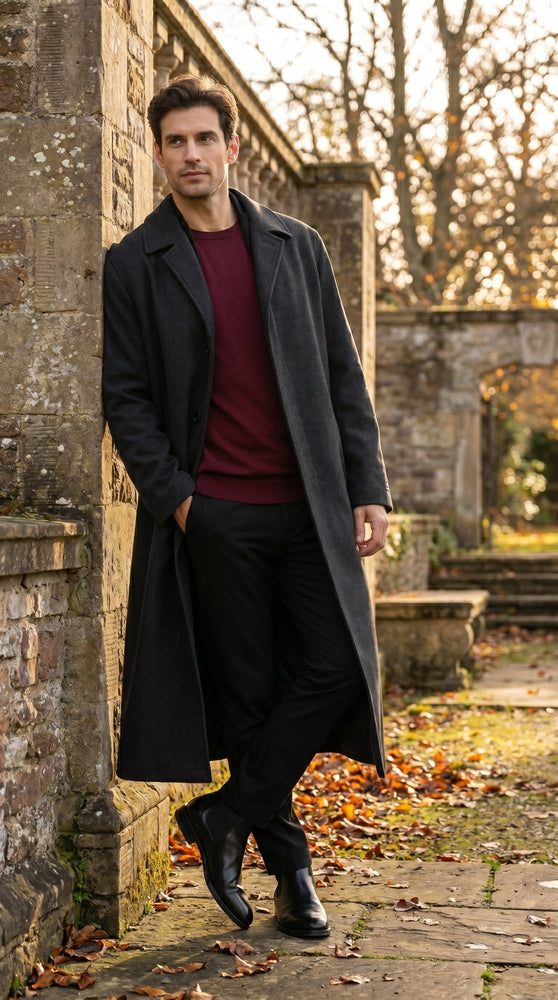 Men’s Charcoal 3 Button Long Wool Blend Dress Coat, Full Length Formal Winter Overcoat